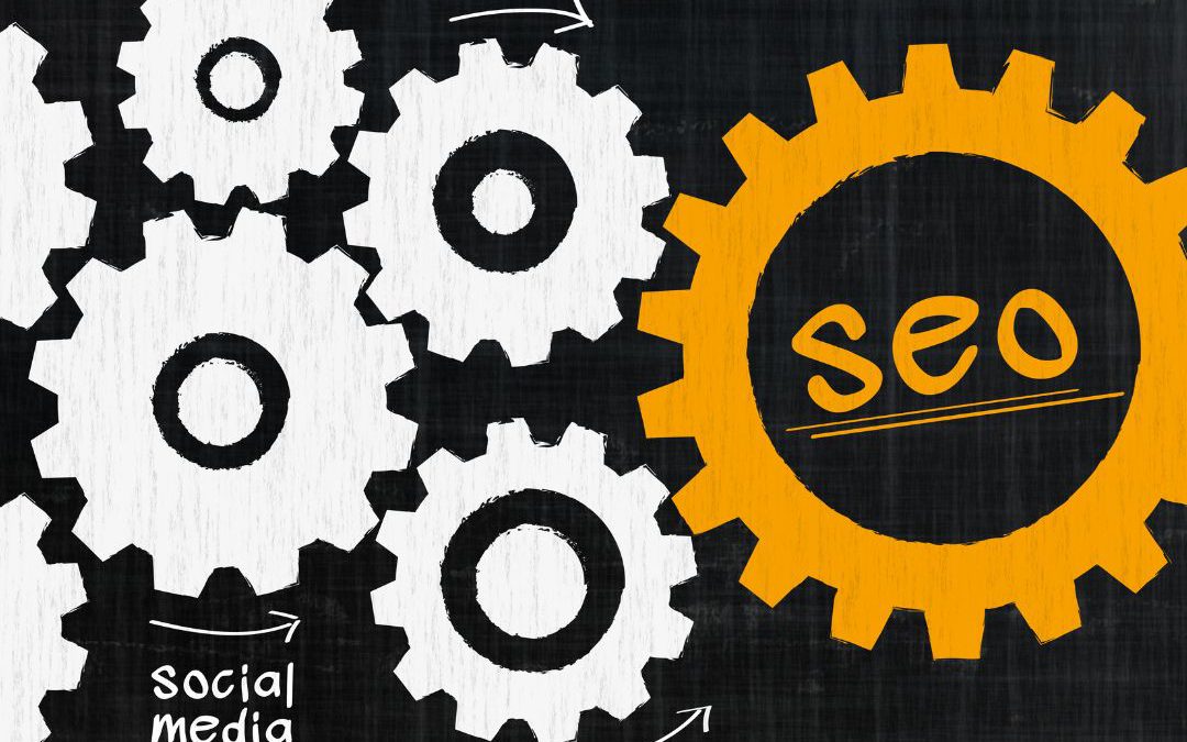 SEO in a cog wheel with seo-related words pointing to it